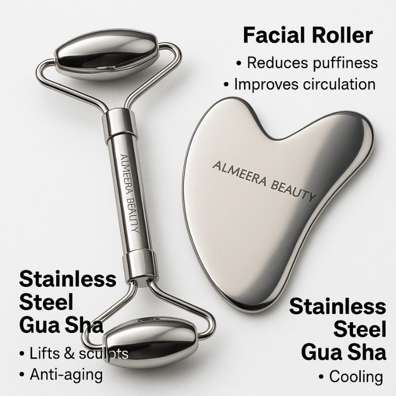 Almeera Beauty Gua Sha & Facial Roller Set – Stainless Steel Skincare Tools