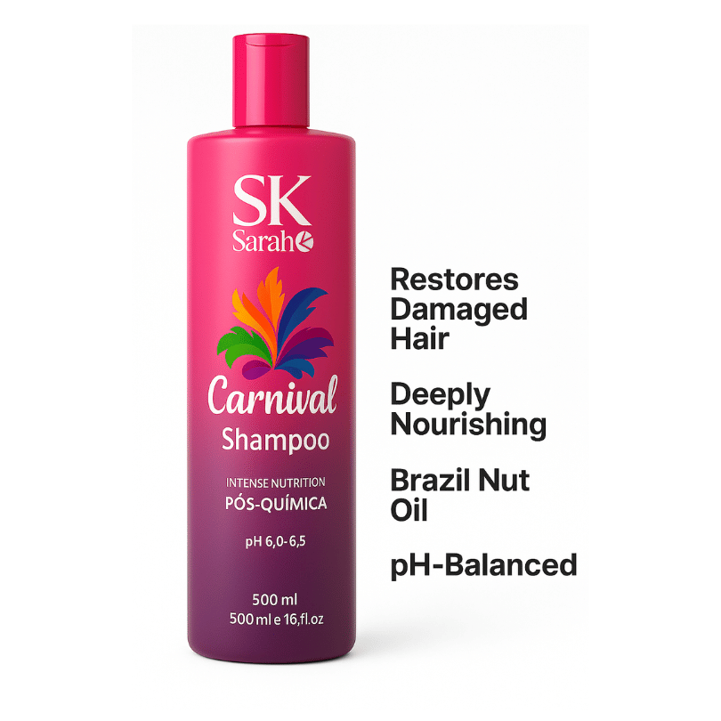 Pink bottle of Sarah K Carnival Shampoo for chemically treated hair – enriched with Castanha do Pará, 500ml
