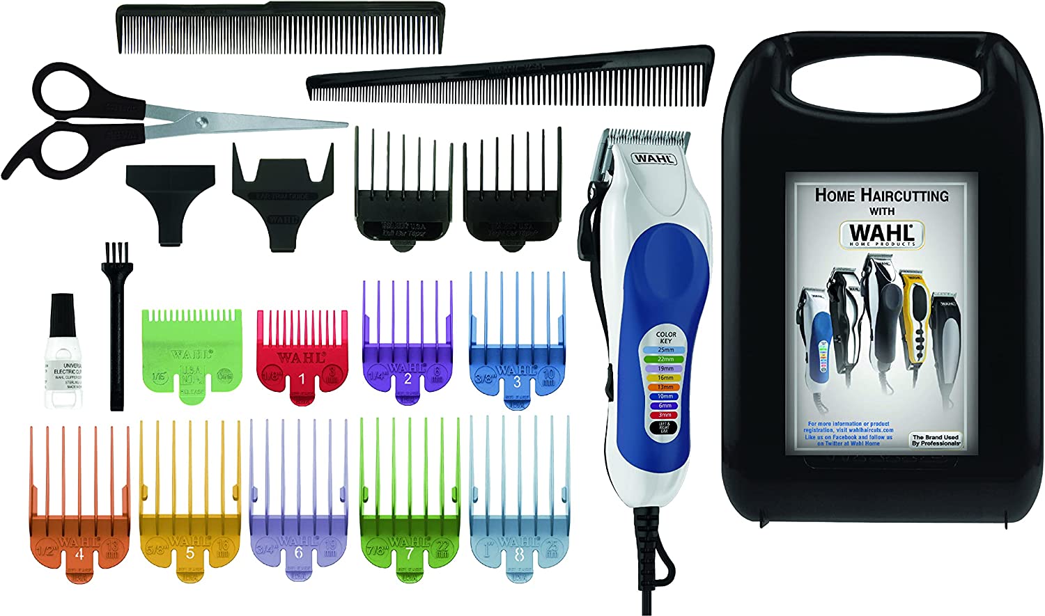 Wahl Colour Pro Corded Clipper Kit, Soft Hairbrush Neck Duster, 12 Colour Coded Guide Combs, Hair Clippers for Men, Head Shaver, Men's Hair Clippers, Easy Home Haircutting, Family Haircuts, White 79300 - 1616  | E11 Store