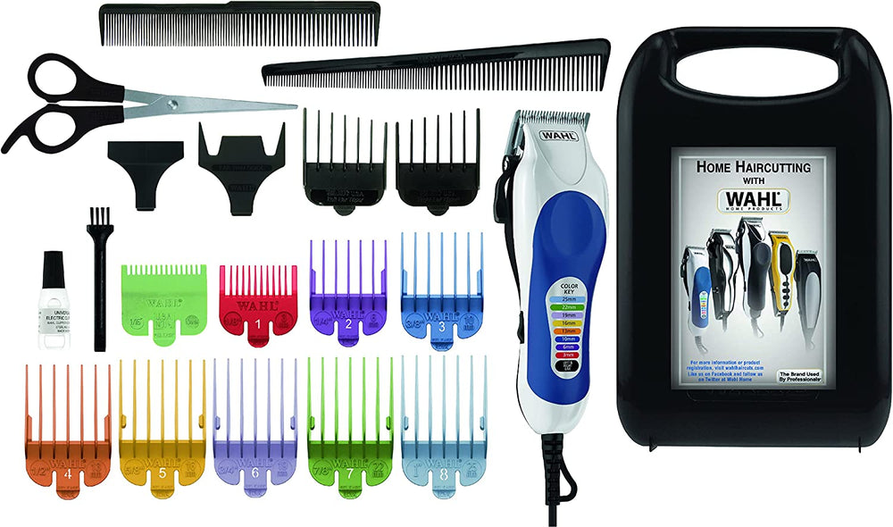 Wahl Colour Pro Corded Clipper Kit, Soft Hairbrush Neck Duster, 12 Colour Coded Guide Combs, Hair Clippers for Men, Head Shaver, Men's Hair Clippers, Easy Home Haircutting, Family Haircuts, White 79300 - 1616  | E11 Store